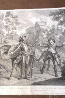 Antiguo grabado original de Don Quijote y Sancho Panza, C. Coypel hacia 1730
