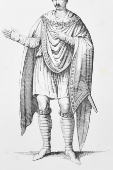 Carlomagno 2. Grabado original, trajes históricos de Francia, Páris, 1852, 15x23 cm.,