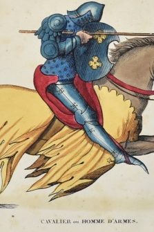 Caballero o hombre de armas. Grabado original, trajes históricos de Francia, Páris, 1852, 15x23 cm.,