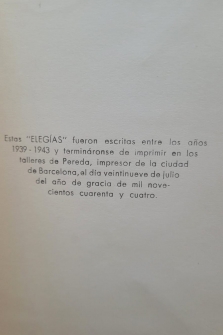 ELEGÍAS (1944, DEDICADO Y FIRMADO POR EL AUTOR)