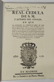 Real cédula promulgada en el año 1778 por S.M. el Rey de España Carlos III