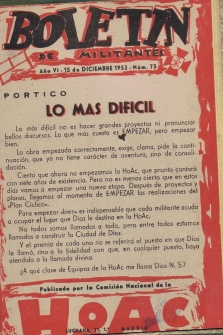 BOLETÍN DE MILITANTE DE LA HOAC (Hermandad Obrera Acción Católica). Año VI. Nº 50, 1º enero 1952 al Nº 73, 15 de diciembre Año 1952 Completo.