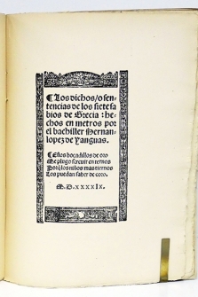 Floresta española (1574), por Melchor de Santa Cruz de Dueñas. [Seguido de] Los dichos o sentencias de los Siete Sabios de Grecia (1549), por Hernán López de Yanguas.