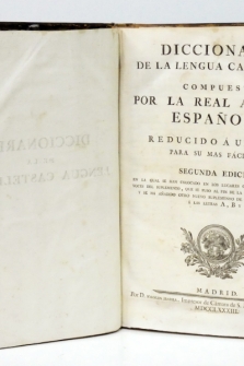 DICCIONARIO DE LA LENGUA CASTELLANA compuesto por la Real Academia Española. Segunda edición, 1783.