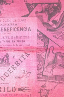 CARTEL PLAZA DE TOROS DE VALENCIA (seda). 3 de julio de 1892. 44,5 x 22 cm.- Corrida de Beneficiencia. Diestros: ESPARTERO; GUERRITA Y FABRILO. Ganadería del COLMENAR VIEJO.